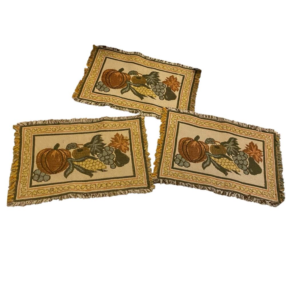 SET OF THREE Woven Tapestry Placemats Fall Harvest Pumpkin Grapes Fringe 17x10.5